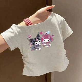 Áo thun ngắn tay cho bé gái Áo trễ vai giảm béo cho trẻ em Áo thun hình mèo Kitty ngọt ngào mùa hè