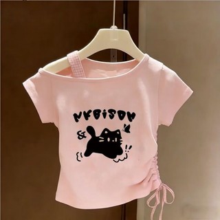 Bộ quần short denim mùa hè cho bé gái dành cho trẻ nhỏ, vừa và lớn, áo trễ vai thời trang cho bé gá
