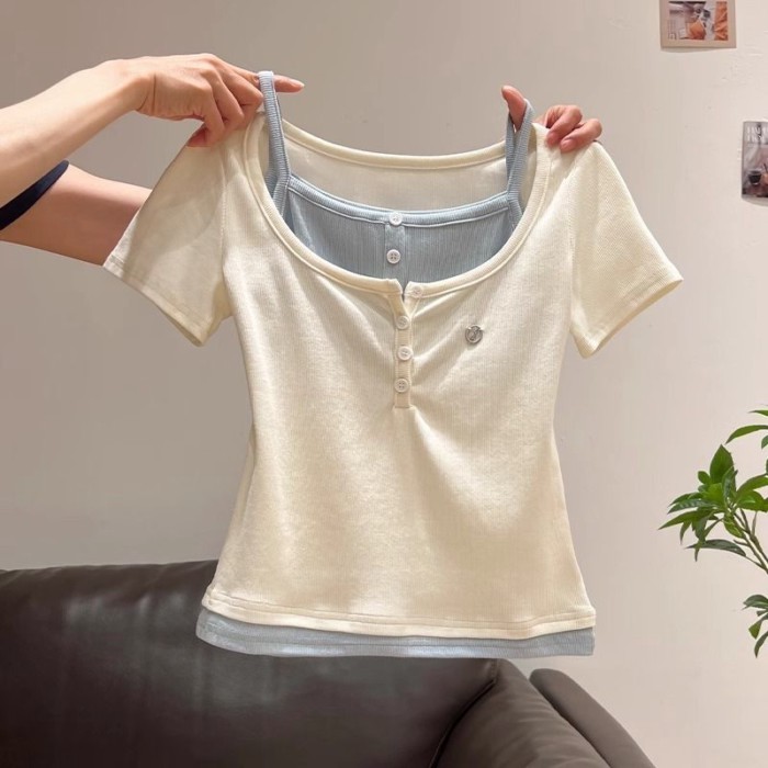 Mùa Hè Sang Trọng Và Đẹp Phiên Bản Hàn Quốc Màu Sắc Tương Phản Giả Hai Mảnh Cổ Hở Nửa Áo Sơ Mi B
