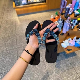 Dép xỏ ngón đế dày màu xanh kim cương giả cho nữ mùa hè phong cách mới đi biển dép xỏ ngón đế