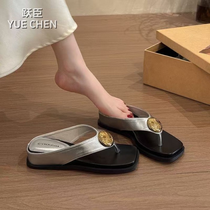 Lan ~ Pháp Retro Khóa Kim Loại Nêm Gót Chân Flip-Flops Nữ Mùa Hè Phong Cách Mới Bên Ngoài Mặc Thường Ngày Dép Chống Trơn Trượt Dép