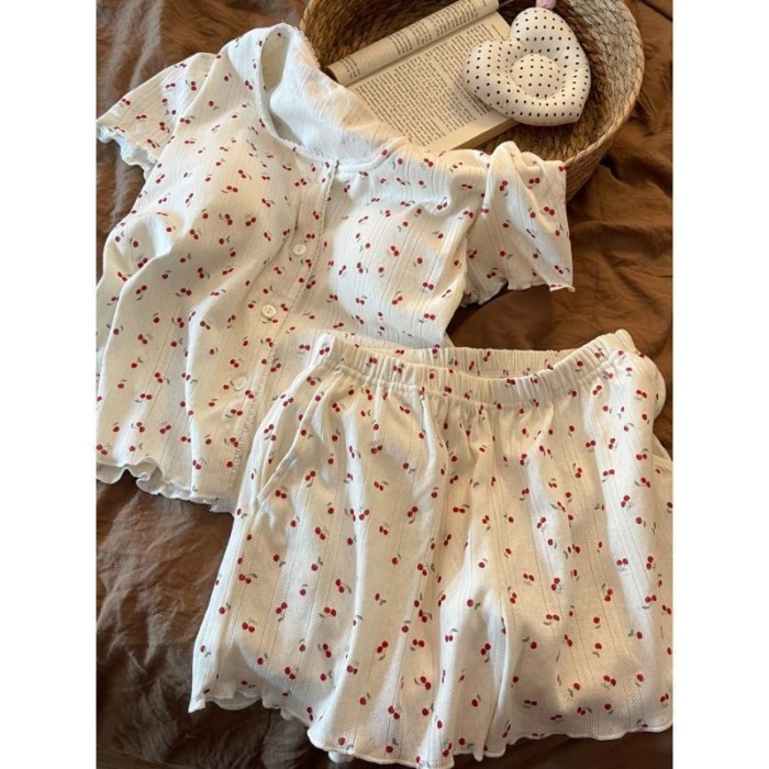 Bộ đồ ngủ in hình anh đào phong cách phương Tây nữ tính ngọt ngào dễ thương cao cấp mùa hè có