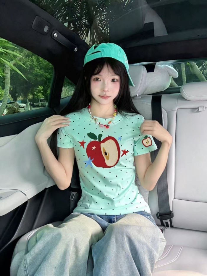 Áo thun ngắn tay cổ tròn chấm bi  dành cho nữ mới giảm béo hàng đầu màu xanh bạc hà Mỹ hot gir