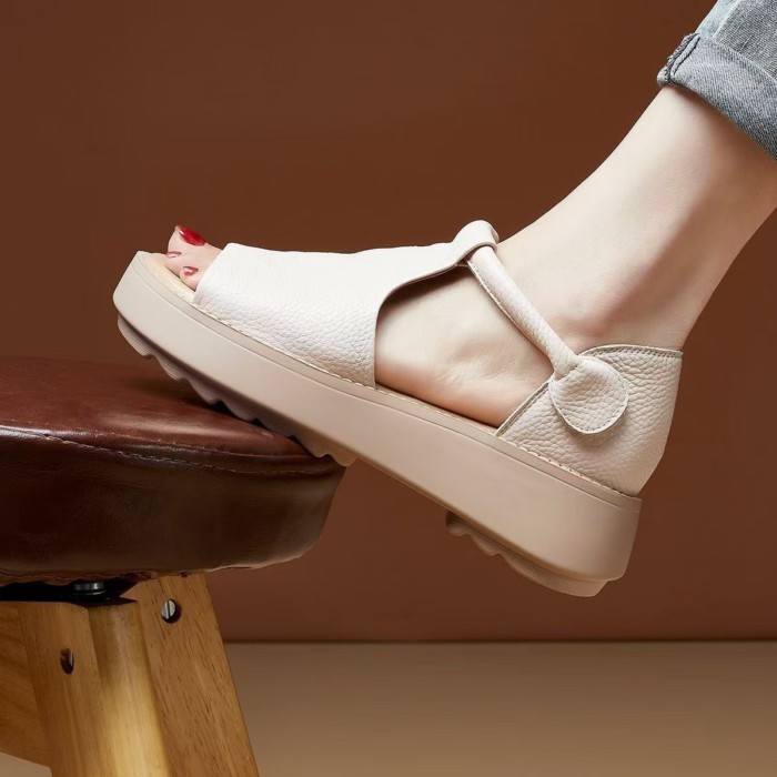 Mùa Hè Mới Da Mềm Giày Sandal La Mã Nữ Rỗng Miệng Cá Gót Dày Giày Cao Gót Giày Da Nữ