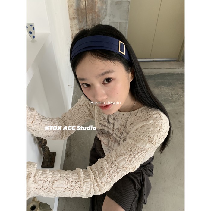 Have u desgin Hàn Quốc Retro Cao Cấp Đầu Lâu Hàng Đầu Rộng Viền Tất Cả Trận Đấu Vàng Vuông Khóa Cao Cấp Băng Đô Xếp Ly