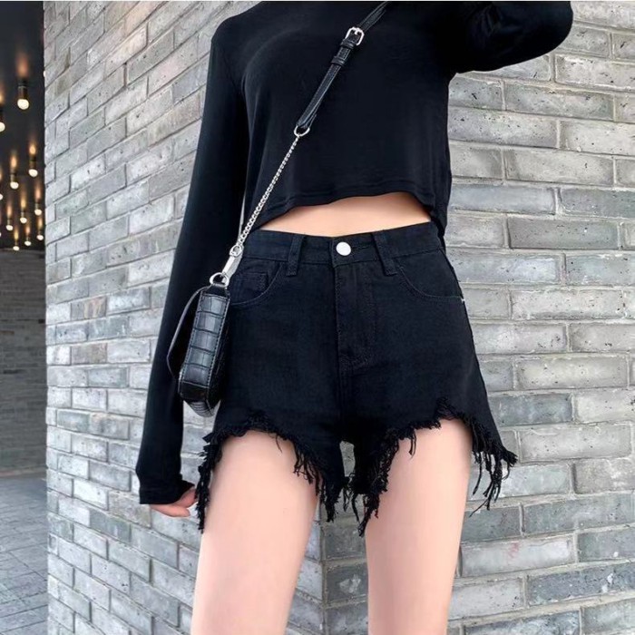 Quần short denim nữ mùa hè lưng cao học sinh mới giảm béo phong cách Hàn Quốc ống rộng dáng rộ