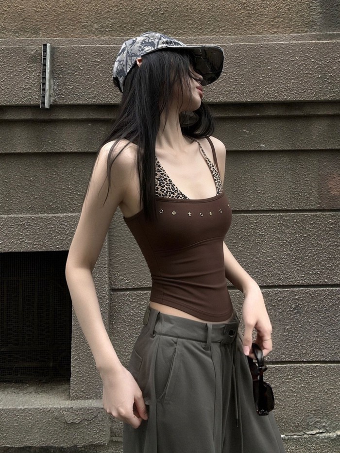 Hot Girl Mỹ Họa Tiết Da Báo Nối Giả Hai Dây Treo Nữ Mùa Hè Thiết Kế Cảm Giác Tính Khí Ôm Giảm