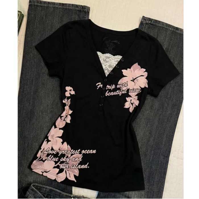 Mỹ Retro Giả 2 Vintage Thoáng Mát Hottie Ren Gothic Punk Slim Áo Thun Tay Ngắn Cổ Điển Hàng Đ