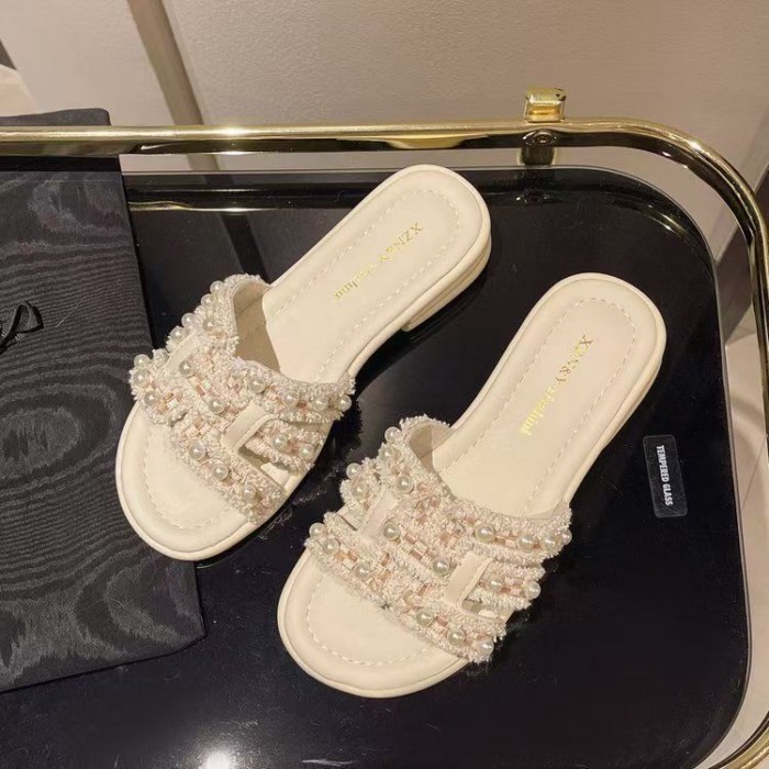 Dép ngọc trai mùa hè cho nữ, dép xỏ ngón đế phẳng, sandal đi biển đa năng kèm váy