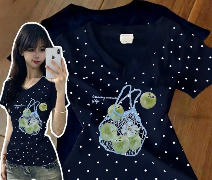 V cổ áo chấm bi ngắn tay phong cách mới giảm béo màu xanh bạc hà sang trọng phong cách nóng bỏ