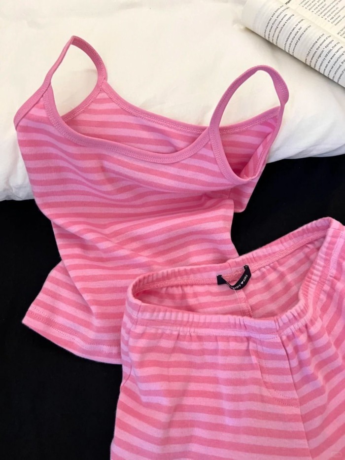 Bộ đồ ngủ có dây đeo sọc cho nữ mùa hè quần short vest mặc nhà
