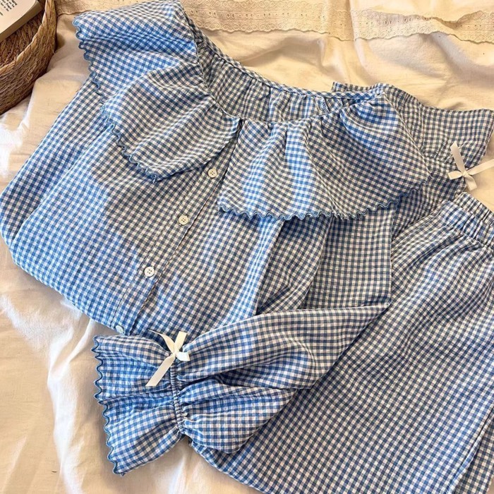 Bộ đồ len kẻ sọc ngọt ngào cao cấp Hàn Quốc Bộ đồ ngủ cardigan cổ búp bê dễ thương rộng rãi v
