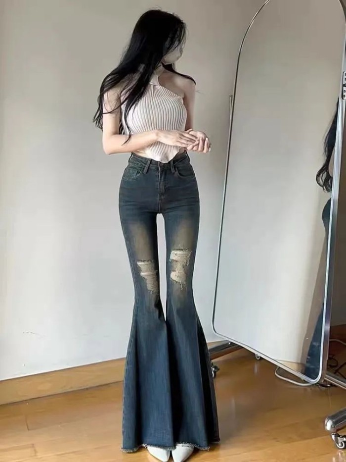 Lan ~ American Retro Hot Girl Rách Hơi Rách Quần Jean Nữ Xuân Thu Phong Cách Mới Cao Cấp Ôm Ôm Hơn Nhìn Rộng Chân Hồ
