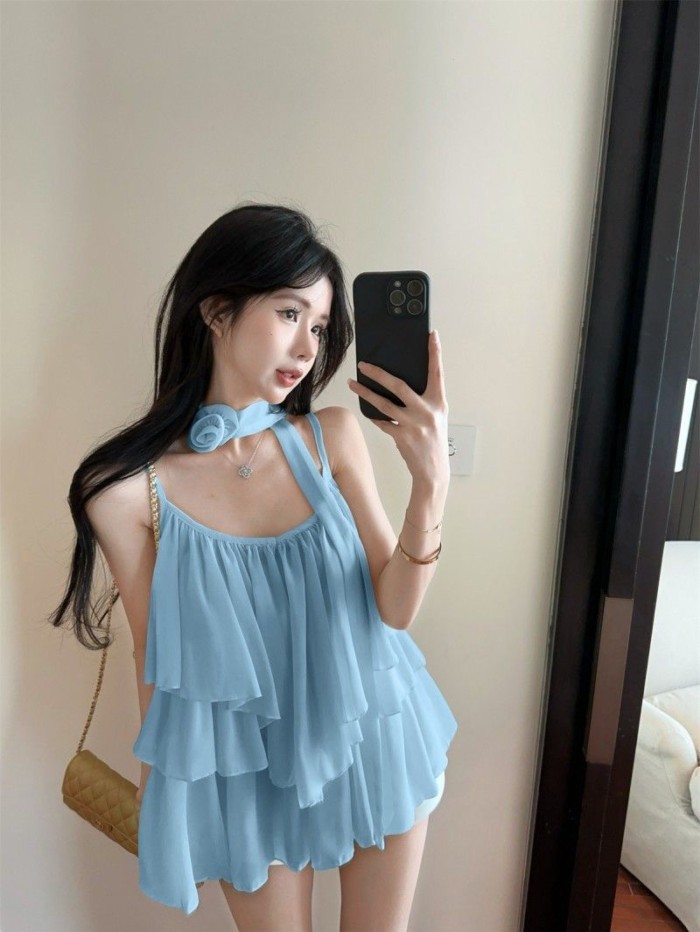 Phong cách nhẹ nhàng thiết kế không đều áo yếm mùa hè nơ hoa ba chiều ruy băng áo ren không t