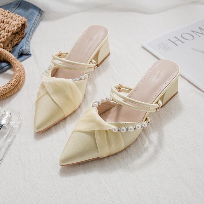 Giày sandal hai dây cao gót mùa xuân hè nữ kiểu Pháp nửa kéo, sandal mũi nhọn, giày nữ mũi nhọn gót