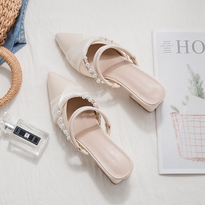 Giày sandal hai dây cao gót mùa xuân hè nữ kiểu Pháp nửa kéo, sandal mũi nhọn, giày nữ mũi nhọn gót
