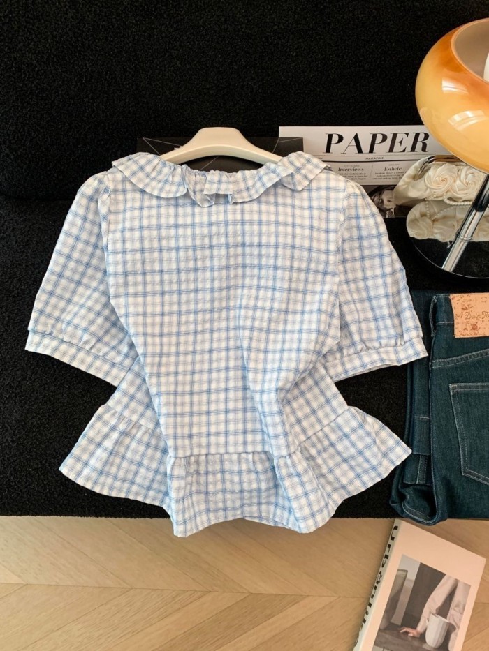 Áo sơ mi nữ tay ngắn cổ ren kẻ sọc ren cổ búp bê thiết kế niche top