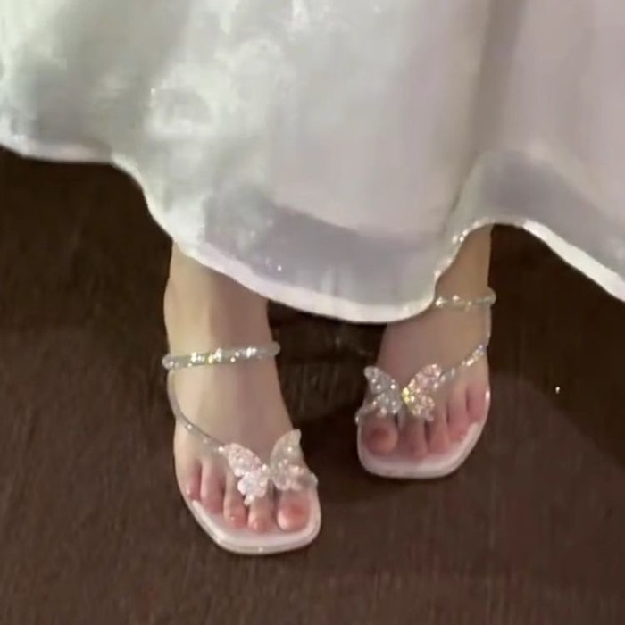 Giày Xăng Đan Gót Dày Đính Kim Cương Giả Cho Nữ Mặc Mùa Hè Cổ Tích Nơ Thông Giày Sandal Cao Gót