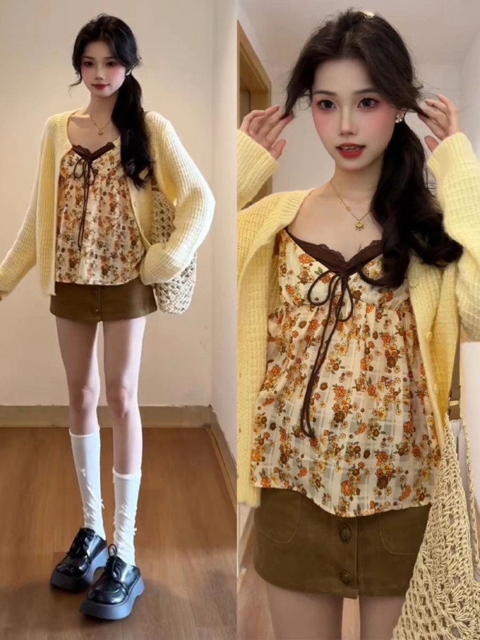 kỳ nghỉ xuân hè hai phong cách Pháp mới đơn giản hot girl áo yếm ren hoa giảm béo áo rộng ngọ