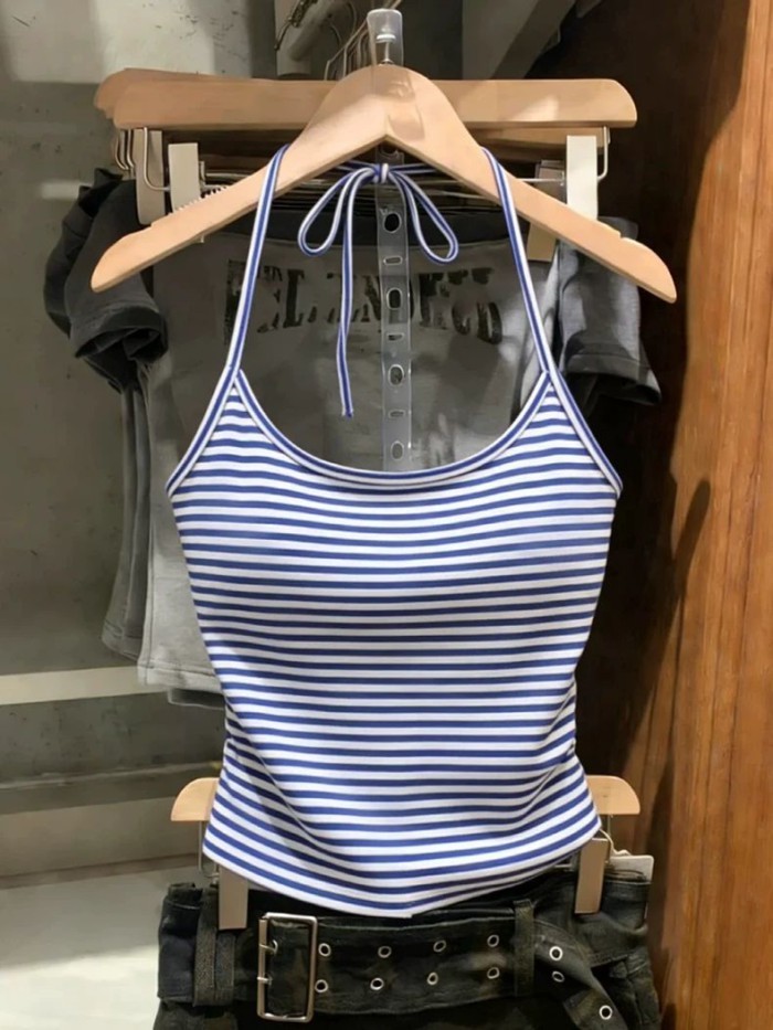 Lan ~ Dây Sọc Cổ Sling Nữ Phối Ren Mỏng Hơn Nhìn Tươi Đẹp Phong Cách Preppy Không Tay Áo Nhỏ