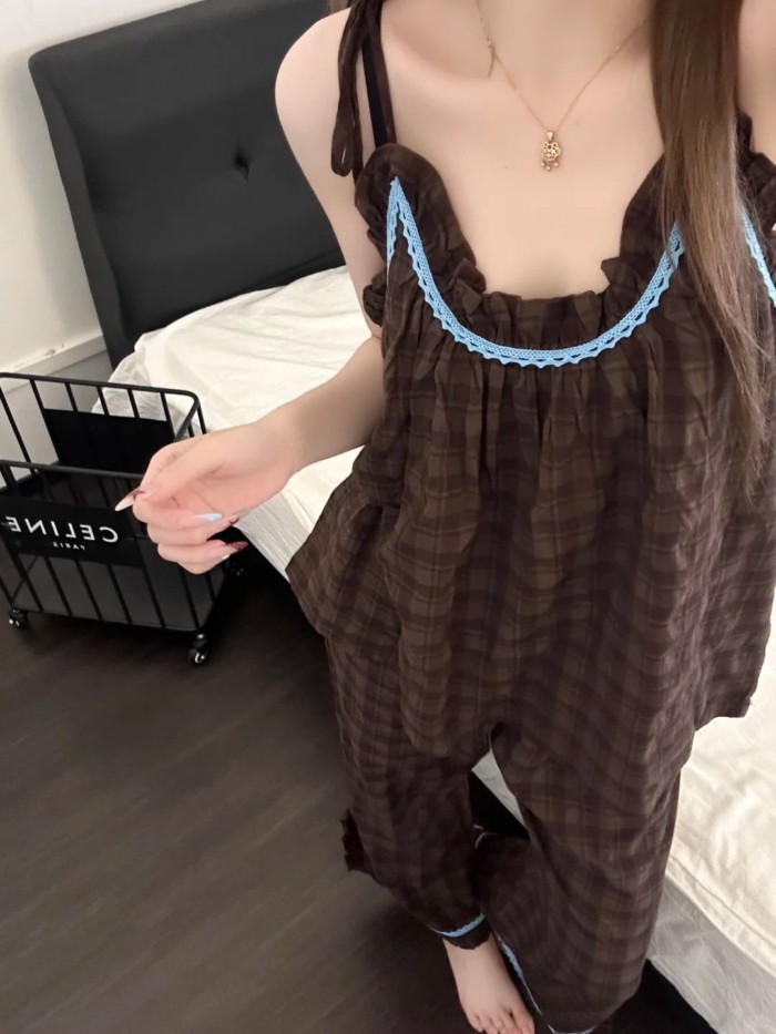 Phong Cách Retro Anh Quốc Bộ Đồ Ngủ Kẻ Sọc Màu Cà Phê Cho Nữ Mùa Hè Mới Treo Áo Ngọt Đơn Giản