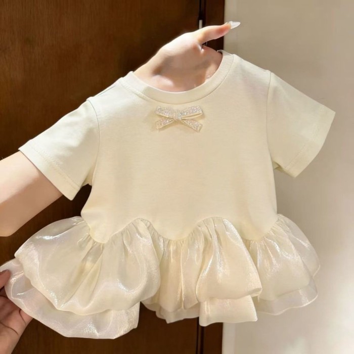 cô gái mùa hè mới áo ngắn tay kem nhún bèo ngọt ngào Hàn Quốc áo cotton đa năng