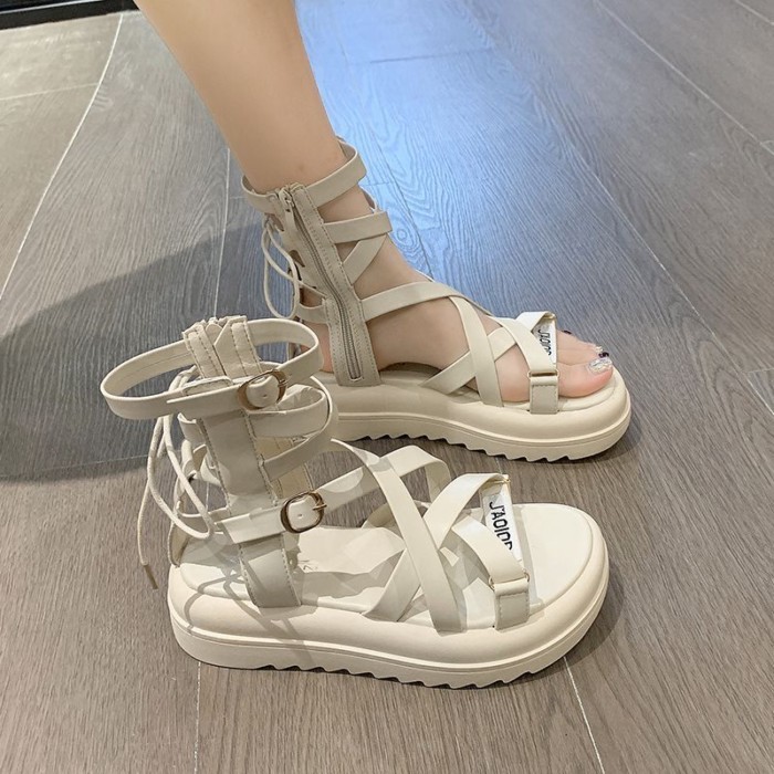 Giày Sandal La Mã Nữ Đế Dày Sinh Viên Đa Năng Niche Pháp Quai Đeo Cổ Tích Cổ Cao-Top Rỗng Xăn