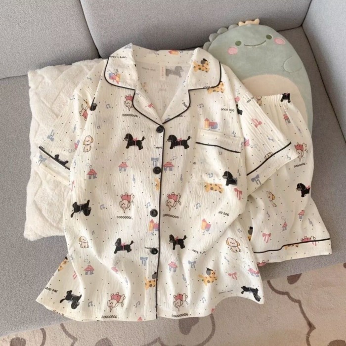 Yunduo cotton trong cỏ gió Bộ đồ ngủ màu xanh lá cây tươi sáng của phụ nữ quần short ngắn tay