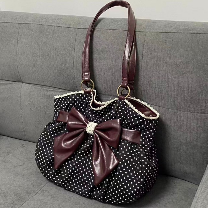 Văn Học Mới Retro Chấm Bi Công Suất Lớn Thắt Nơ Đa Năng Đi Lại Sát Nách Second-Hand Túi Đeo V