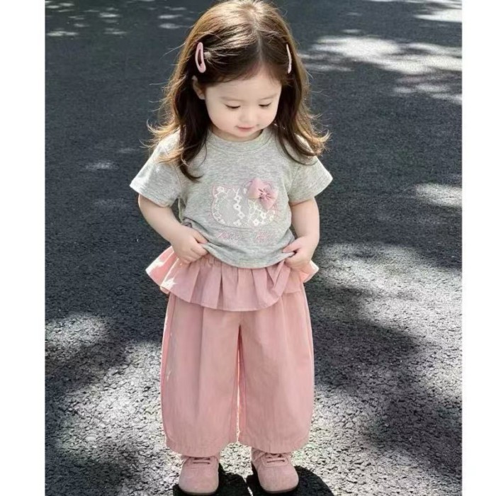 Bộ đồ mùa hè cho bé gái phong cách mới bé gái tay ngắn thời trang trẻ em rèm rắm quần nhanh k