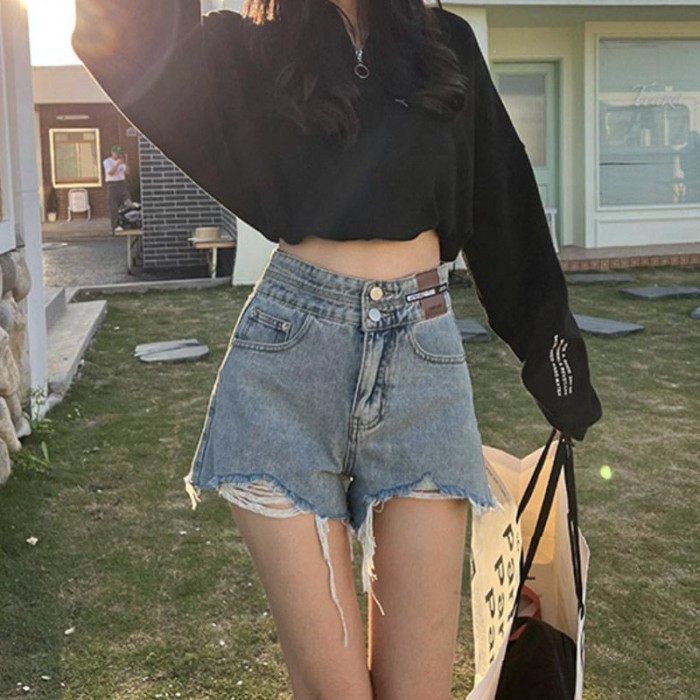 Quần short denim cạp cao thông thường dành cho nữ xuân hè 2023 Quần short chữ A dáng rộng ống