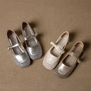 Giày sandal rỗng mũi vuông bện kiểu Pháp dành cho nữ mùa hè giày đế dày một dây Mary Jane