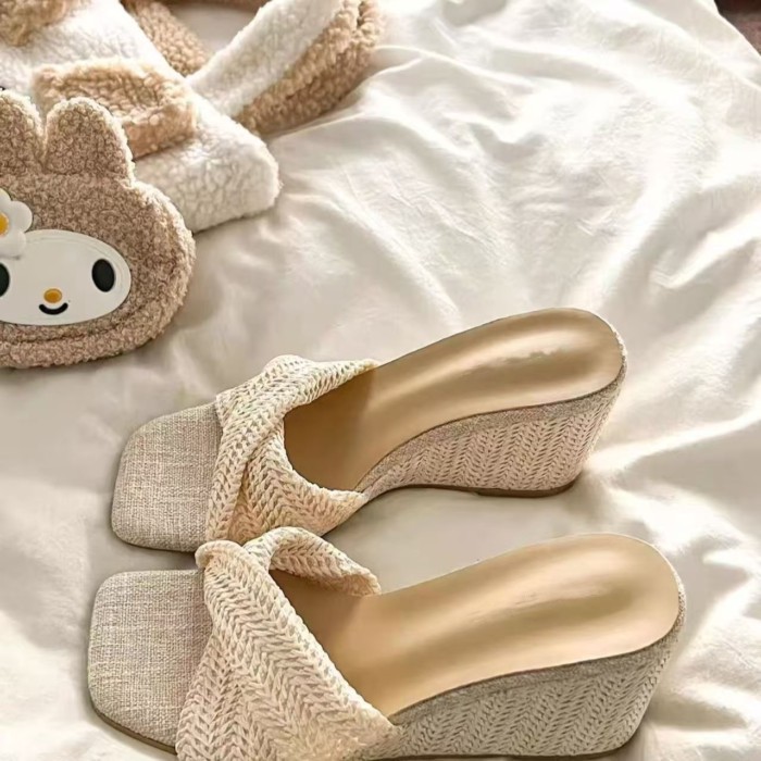Vô cùng thoải mái! Dép đế bệt mũi vuông bện phong cách retro dành cho nữ đi biển cao gót dép