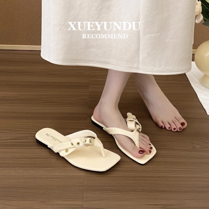 Dép xỏ ngón đế phẳng thiết kế theo phong cách Pháp dành cho nữ mùa hè thông thường dép xỏ ngón đế m