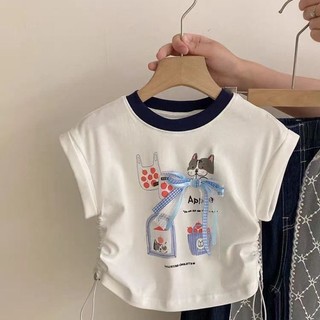 Bé gái mùa hè tay ngắn thời trang mùa hè trẻ em bé gái cổ tròn đa năng áo hoạt hình mùa hè