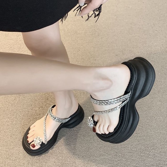 Dép đế dày dành cho nữ, thời trang mùa hè, đính đá tăng chiều cao, váy, dép và dép, đa năng