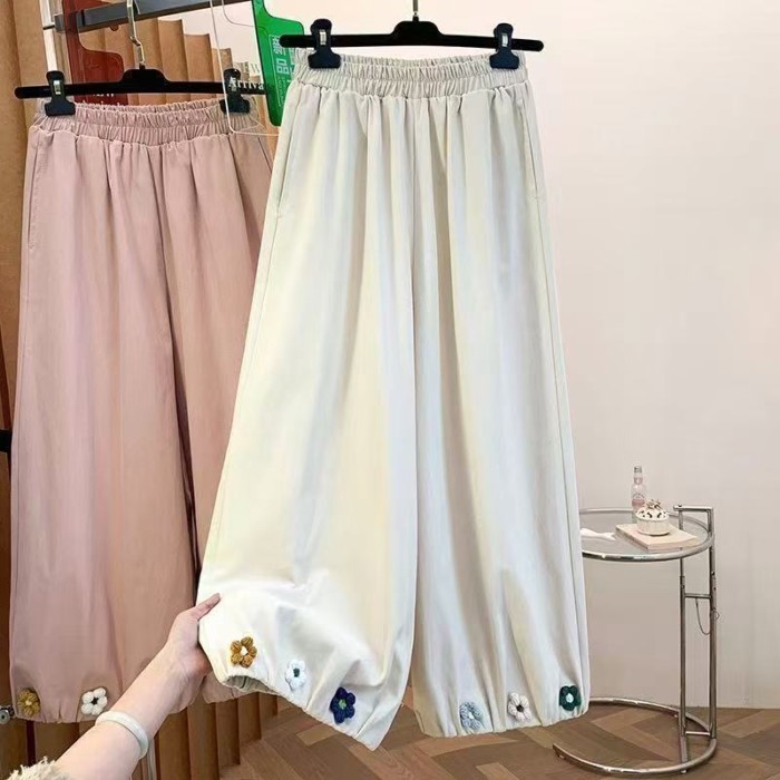 Mùa hè móc rừng hoa ngọt nụ hoa quần cao cấp mỏng treo ống rộng thường ngày 9 điểm quần dành cho nữ