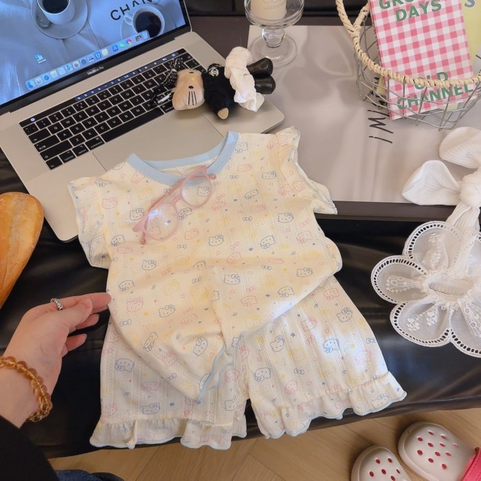 Bộ quần short ngắn tay cotton nguyên chất mùa hè dành cho bé gái vừa và lớn mới mặc ở nhà mặc
