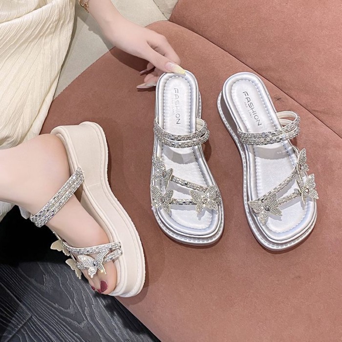 đôi dép đế dày đế dày màu bạc cao cấp hình cánh bướm đính kim cương giả dành cho nữ mặc mùa hè b