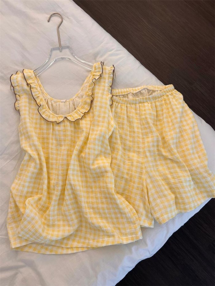 Bộ đồ ngủ phong cách Hàn Quốc dành cho nữ mùa hè thông thường ruffle quần short treo phù hợp với qu