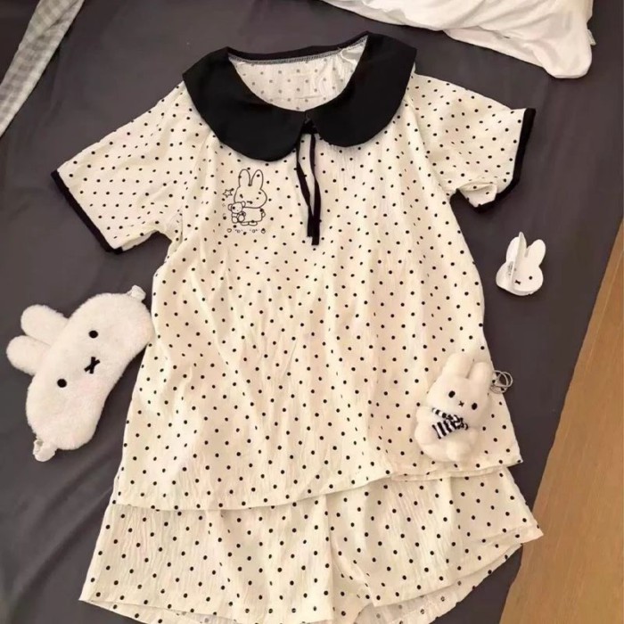 Bộ đồ ngủ in hình chú thỏ Miffy dễ thương chấm bi cho trẻ em giữa và lớn Bộ quần áo ngắn tay