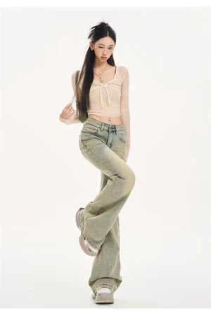 Quần jeans bootcut xanh nhạt 40.80 dành cho nữ, cạp cao mới, đa năng, giảm béo, thiết kế thời thượn