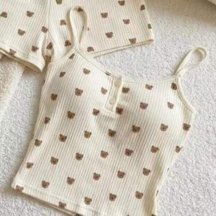 Bộ đồ ngủ cho nữ mùa hè in hình có đệm ngực màu hồng treo Bộ đồ ngủ cho nữ mùa hè thuần khiết