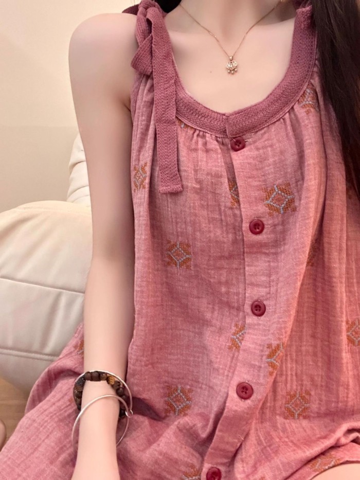 Phong cách Trung Quốc mới Bộ đồ ngủ có dây đeo phong cách Trung Quốc dành cho nữ trong mùa hè