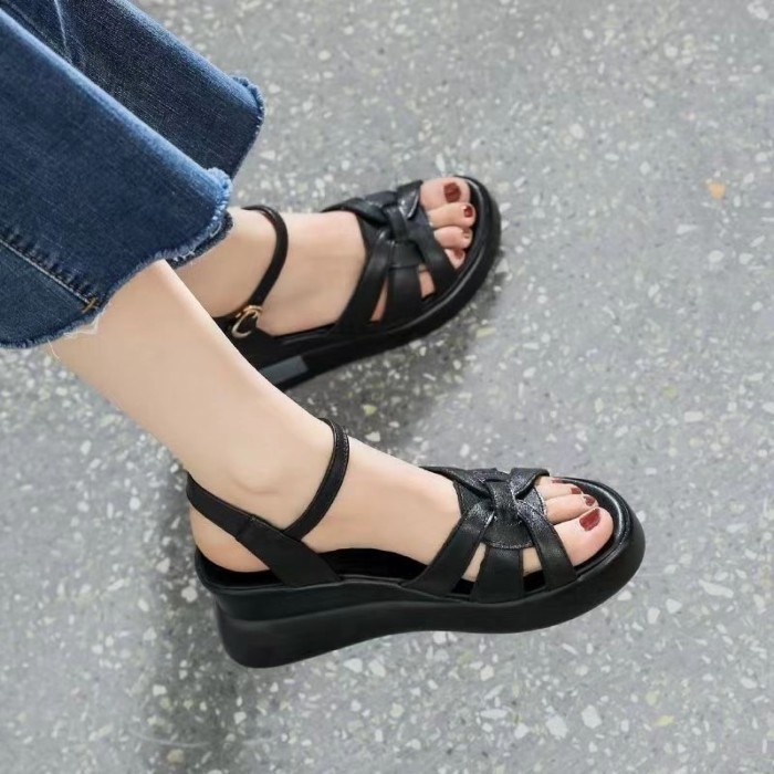 sản phẩm mới, gót nêm một chữ, sandal cao gót vừa, phong cách mới mùa hè cho nữ, đế dày đế chống