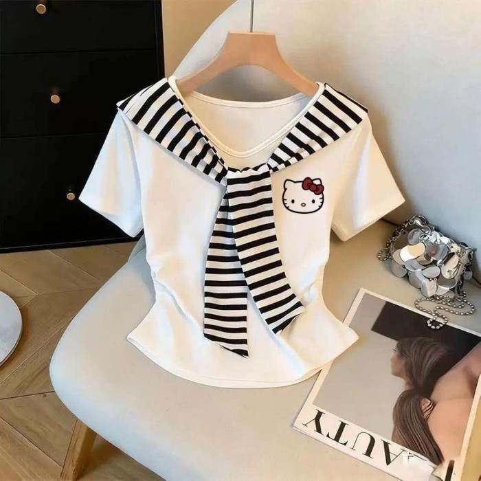 cô gái mùa hè mới khăn choàng màu tương phản giả áo thun ngắn tay cỡ vừa và lớn áo ngắn xếp li c