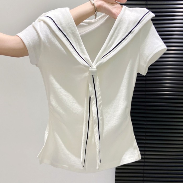 Cotton Trắng Hải Quân Vai Phải Áo Thun Nữ Tay Ngắn Mùa Hè Khe Slim Fit Phong Cách Hàn Quốc Áo Sơ