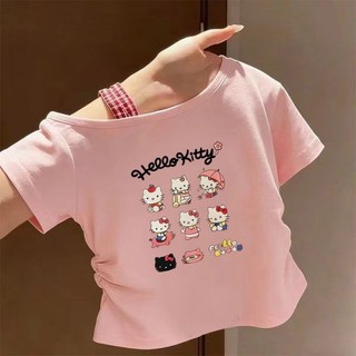 Mùa hè ngọt ngào trẻ em khâu vá cho bé gái giả hai mảnh kẻ sọc trễ vai áo thun ngắn tay in hình cỡ
