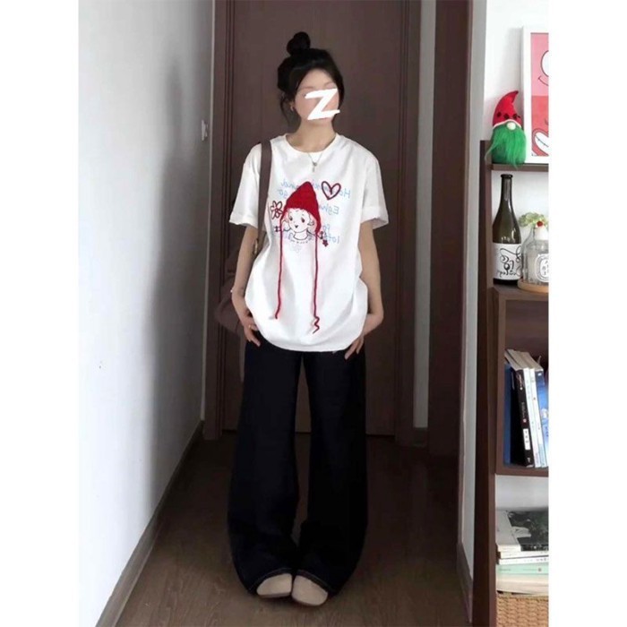 Áo thun ngắn tay dệt kim ba chiều Cô bé quàng khăn đỏ ngọt ngào và dễ thương dáng rộng giản d