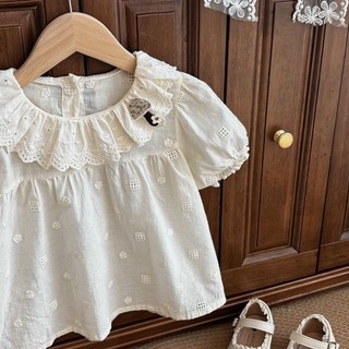 Áo sơ mi ren cổ lọ ngắn tay dành cho bé gái mùa hè có đế bằng vải cotton dành cho trẻ sơ sinh